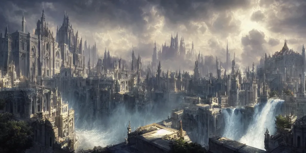 Image similar to beautiful fantasy city made from white stone and bright copper, medieval city, metropolis, magic, waterways, waterfalls, gorgeous clouds, white marble, god rays, digital art, landscape, fantasy art, octane render, ureal engine, high detail, very realistic, by greg rutkowski. by james gurney