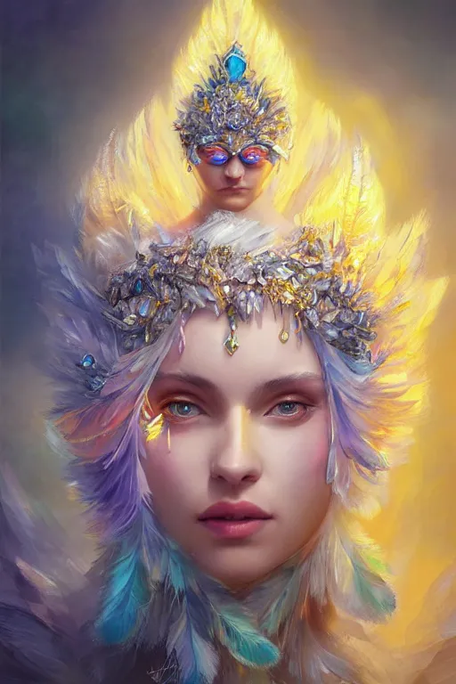 Prompt: beautiful princess with face covered with blue diamond crystals jewels wearing frost feathers, diamonds, angel, fantasy, yellow background beam, dramatic lighting, highly detailed, digital painting, magic the gathering, 3 d render, hyper realistic detailed portrait, peter mohrbacher, wlop, ruan jia