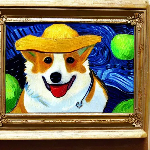 Image similar to corgi with an apple on its head, 4 k, by van gogh, realistic, high detail, concept art