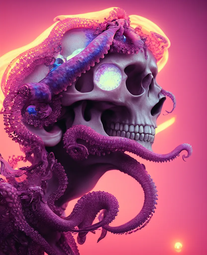 Image similar to goddess close - up portrait human skull, ram skull, squid phoenix jellyfish, orchid, betta fish, bioluminiscent, intricate artwork by tooth wu and wlop and beeple. octane render, trending on artstation, greg rutkowski very coherent symmetrical artwork. cinematic, hyper realism, high detail, octane render, 8 k