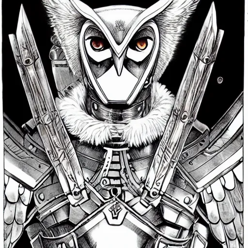 Prompt: portrait of a barn owl warrior wearing an armor by Takeshi Obata