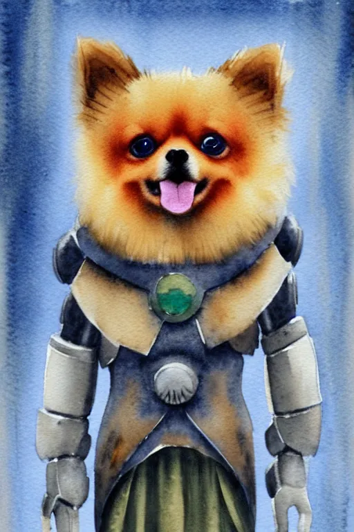 Image similar to a simple and atmospheric watercolour fantasy character concept art portrait of a robotic pomeranian as a druidic warrior wizard looking at the camera with an intelligent gaze, very muted colors, by studio ghibli