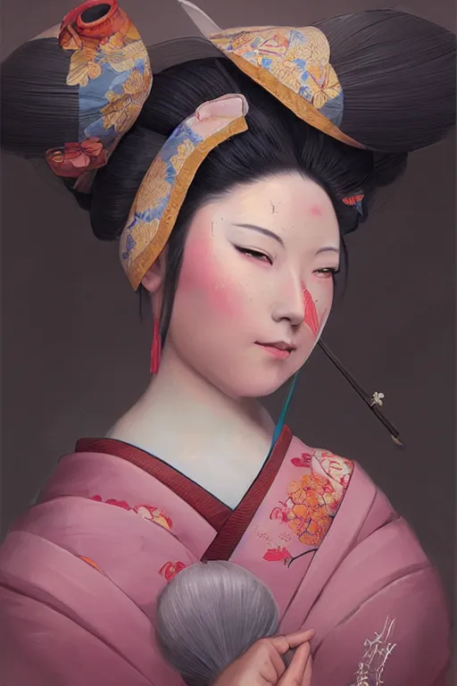 Image similar to Beautiful Geisha Portrait, character portrait art by Mandy Jurgens, 4k portrait, magical mood from japan, cgsociety