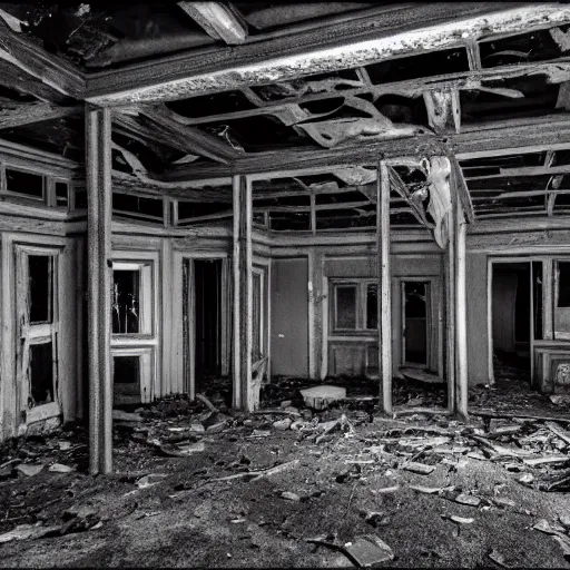 Prompt: night vision footage of inside an abandoned lodge with a tall skinny figure standing in the middle of the room, black and white, realistic, photoreal, dramatic, creepy, 8k