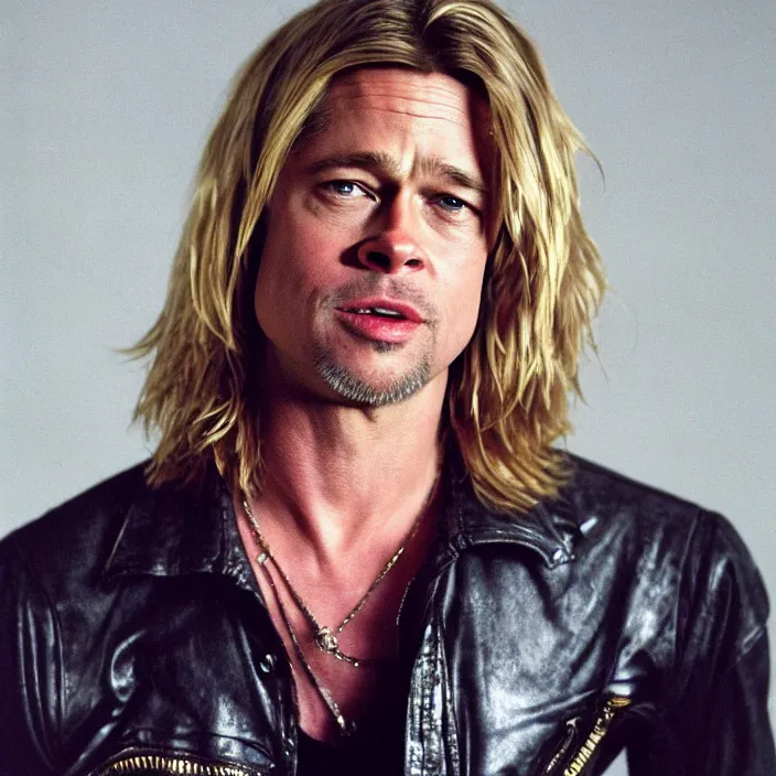 Prompt: brad pitt as kurt cobain, concert tour promo, music magazine, 8 k,