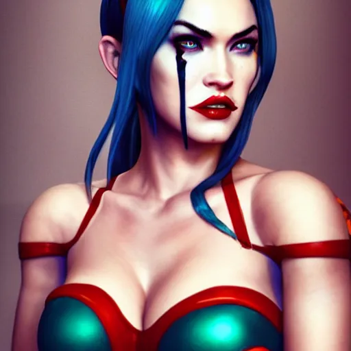 Image similar to portrait of megan fox as harley quinn, au naturel, hyper detailed, digital art, trending in artstation, cinematic lighting, studio quality, smooth render, unreal engine 5 rendered, octane rendered, art style by klimt and nixeu and ian sprigger and wlop and krenz cushart.