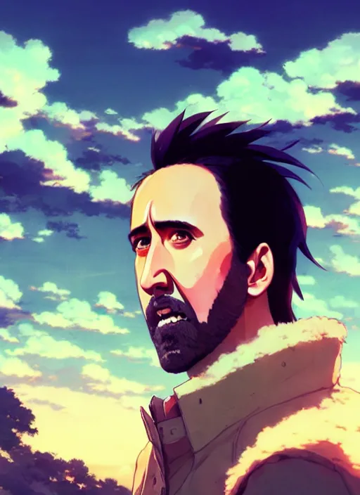 Image similar to portrait of nicolas cage, cloudy sky background lush landscape illustration concept art anime key visual trending pixiv fanbox by wlop and greg rutkowski and makoto shinkai and studio ghibli