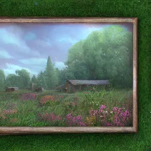 Image similar to a matte painting of a midwestern countryside, shack close up, very overgrown, patchy flowers, oil painting, pale colors, high detail, 8 k, wide angle, trending on artstation,