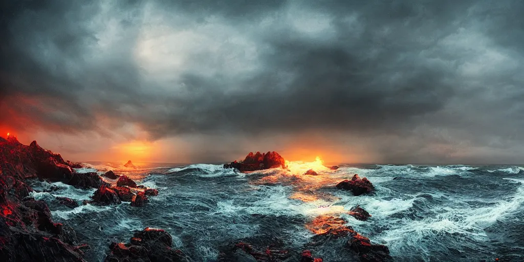 Image similar to beautifully hellish seascape photography by carr clifton, by galen rowell # film kodak ektar 8 k resolution ; night on a fantasy world, concept art by daniel lieske, by dan witz 8 k 3 d 1 6 k,