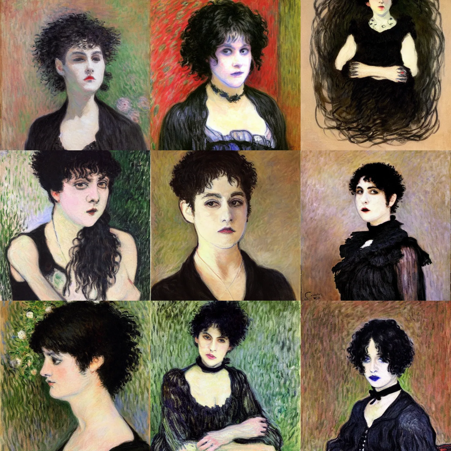 Prompt: A goth portrait painted by Claude Monet. Her hair is dark brown and cut into a short, messy pixie cut. She has a slightly rounded face, with a pointed chin, large entirely-black eyes, and a small nose. She is wearing a black tank top, a black leather jacket, a black knee-length skirt, a black choker, and black leather boots.