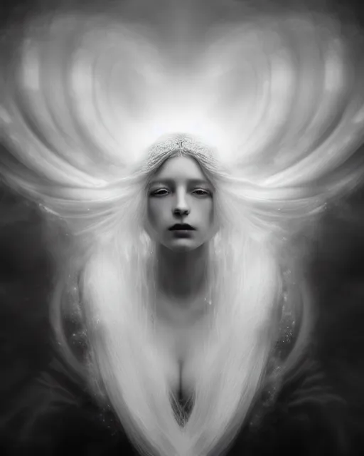 Image similar to monochrome, dreamy, subsurface scattering, white, young beautiful goddess in cosmos with very long white hair floating in air, fluid smoke art, black and white, octane render, dino valls, mark ryden, joe fenton, michal karcz, highly detailed, rim light, art, cinematic lighting, very coherent, hyper realism, 8 k