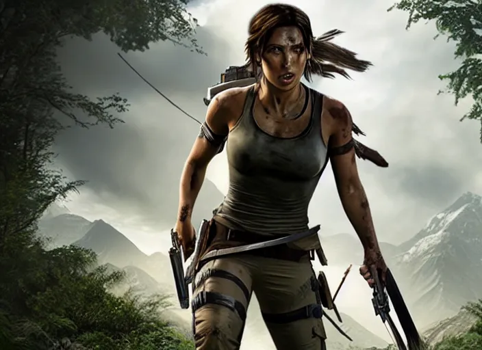 Image similar to film still of!!!! chloe bennett!!! as lara croft in new tomb raider movie, 8 k