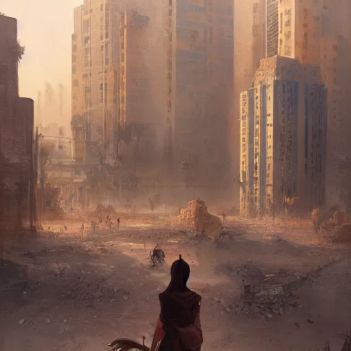 Prompt: a beautiful painting of desert square in a megalopolis in the early morning by greg rutkowski and annibale caracci trending on artstation