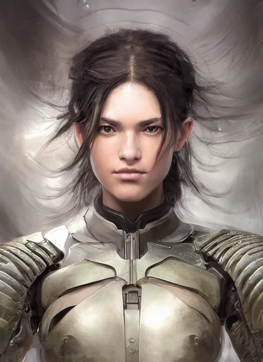 Image similar to a professional painting of a beautiful young female, clothed in military armor, olive skin, long dark hair, beautiful bone structure, symmetrical facial features, intricate, elegant, digital painting, concept art, smooth, sharp focus, illustration, from Metal Gear, by Ruan Jia and Mandy Jurgens and Artgerm and William-Adolphe Bouguerea