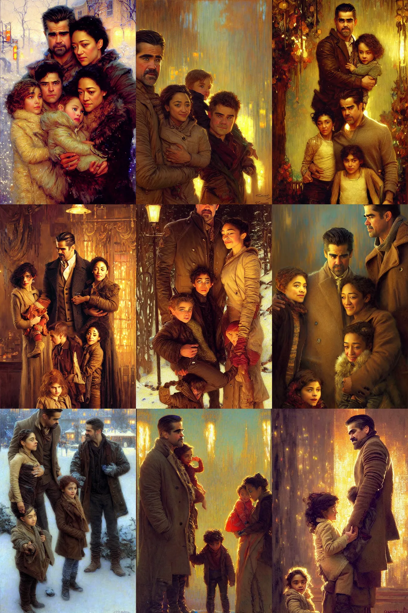 Prompt: winter, family, colin farrell with ruth negga with their kid, neon light, detailed faces, painting by gaston bussiere, craig mullins, j. c. leyendecker