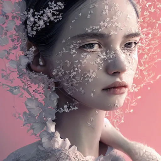 Prompt: the portrait of an absurdly beautiful, graceful, elegant, sophisticated, fashionable young woman made of strawberries and white petals crying, an ultrafine hyperdetailed illustration by kim jung gi, irakli nadar, intricate linework, bright colors, octopath traveler, final fantasy, unreal engine 5 highly rendered, global illumination, radiant light, detailed and intricate environment