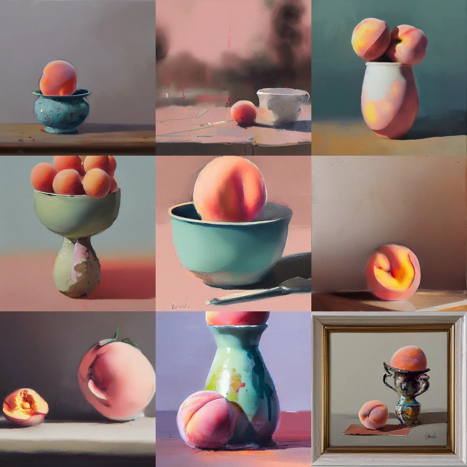 Prompt: a plein air painting of a still life peach made of ceramics with pastel glaze, by ismail inceoglu