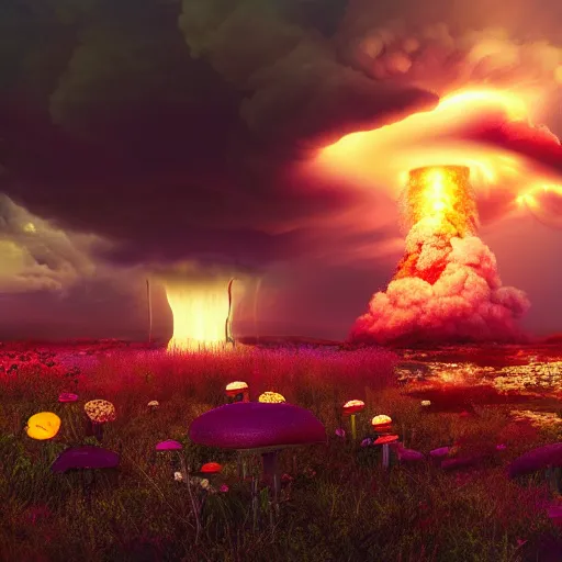 Image similar to a dramatic nuclear explosion but with flowers, mushroom, dramatic lightning, octane render, cinematic rendering, 8k