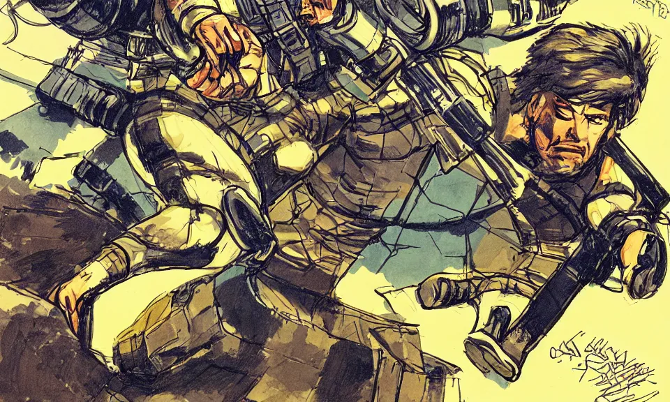 Image similar to solid snake sneaking into a hangar mead and jack kirby, color scheme, kirby crackle, arik roper, concept art