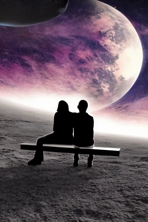 Image similar to Silhouette of a Couple sitting on a bench on the moon with a view of planet earth, photorealistic, high resolution, award winning, trending on artstation.