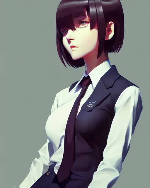 Image similar to a ultradetailed beautiful panting of a stylish woman wearing a shirt with a tie, by ilya kuvshinov, greg rutkowski and makoto shinkai, trending on artstation