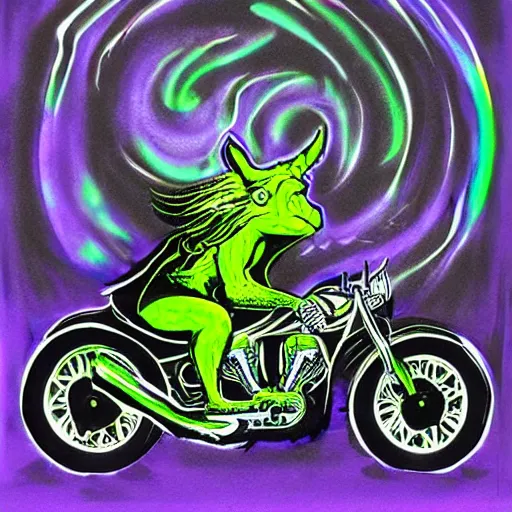 Image similar to psychedelic blacklight airbrush art of an orc riding a motorcycle