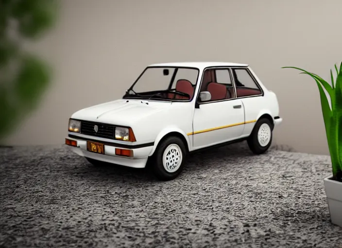 Prompt: a small miniature of a Fiat Ritmo 1987 on a white table near a book and a vase with a plant, 3d render, octane render, unreal engine 5, path tracing, serene landscape, calm, relaxing, beautiful landscape, highly detailed, high quality, 4k, symmetrical, low contrast