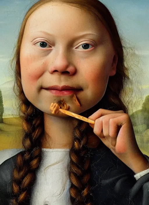 Image similar to greta thunberg eating cakes painted by hieronymus bosch, detailed digital art, trending on Artstation