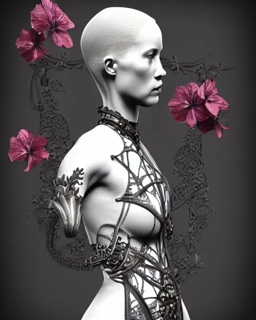 Image similar to monochrome 3 d model, 1 8 7 0 picture, silver mesh floral steampunk biomechanical beautiful young female cyborg with porcelain profile face and a techno eye, volumetric light, leaves foliage and stems, hibiscus flowers, sinuous fine roots, fine foliage lace, alexander mcqueen, rim light, big gothic fashion pearl embroidered collar, octane render, 8 k