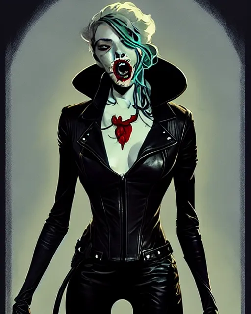 Image similar to rafael albuquerque comic art, art nouveau, peter mohrbacher, artgerm, pretty anya taylor - joy vampire sharp vampire teeth open mouth, black leather jacket, jeans, long blonde hair, full body