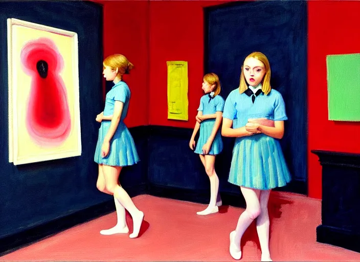 Image similar to oil painting of an annasophia robb in a learning uniform wearing stockings, teaching a lesson in a void room full of existential horror painted by Bryan Lee O'Malley and Edward Hopper, John Singer Sargant, inspired by paintings of Francis Bacon and melting color palette of Mark Rothko, Cy Twombly gestural strokes