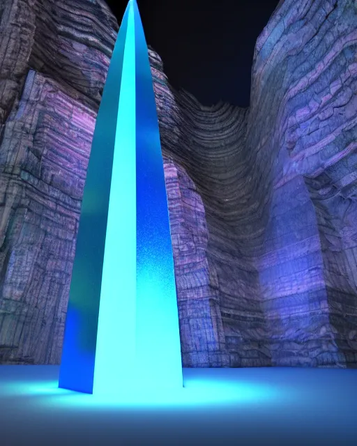 Image similar to blue shiny bismuth crystalline obelisk glowing luminated structures in a giant cave rendered in octane