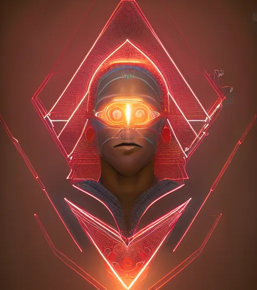 Image similar to symmetry!! egyptian god of technology, solid cube of light, hard edges, product render retro - futuristic poster scifi, lasers and neon circuits, brown skin egyptian god, intricate, elegant, highly detailed, digital painting, artstation, concept art, smooth, sharp focus, illustration, dreamlike, art by artgerm