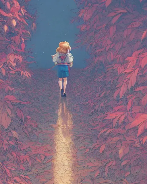 Image similar to a girl walking her small dog at the park, full shot, facing backwards, ambient lighting, detailed, art by ayami kojima, makoto shinkai, kilian eng