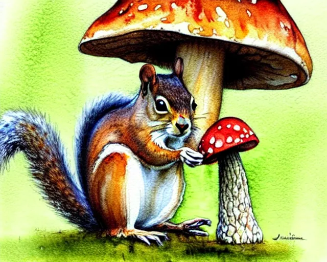 Prompt: a cute little squirrel standing under a huge mushroom, hiding from the rain, watercolor painting by jean - baptiste monge, muted colors