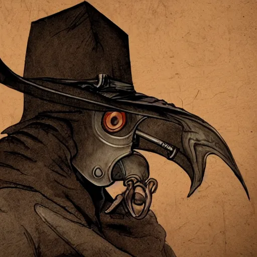 Prompt: a portrait of a plague doctor gunslinger, dark fantasy, horror, western, hell, ultrafine detailed digital pencil art by frank frazetta and vito acconci and and takeshi obata and mike mignola, death note style, colored, symetric body, cgsociety, sharp focus, cowboy shot, detailed face