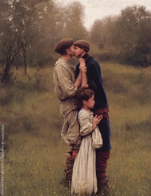 Image similar to peasant boy and girl first kiss, on a village, Cinematic focus, Polaroid photo, vintage, neutral colors, soft lights, foggy, by Steve Hanks, by Serov Valentin, by lisa yuskavage, by Andrei Tarkovsky 8k render, detailed, oil on canvas