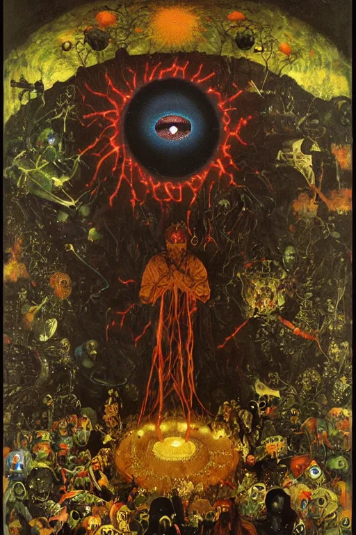 Image similar to one dark figure taming a supercomputer made of nervous system, channeling third eye energy, surrounded by a background of dark cyber mystic garden of earthly delights, midnight hour, painted part by wojciech siudmak, part by ilya repin, part by norman rockwell, part by hype williams, artstation