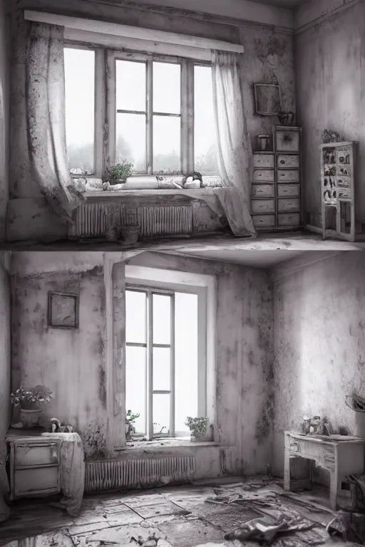 Image similar to matte sharp photo realistic shabby chic room with windows, artstation behance