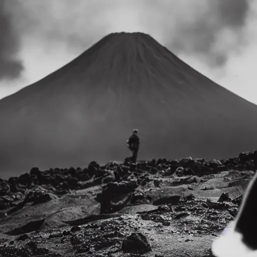 Image similar to A heavy-armored soldier standing infront of an erupting volcano, black and white, professional photography, eerie, cinematic