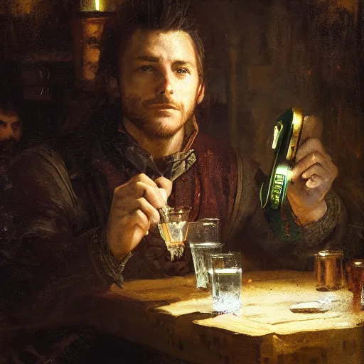 Image similar to 'portrait of a bard drinking in a tavern, art by Greg Rutkowski, 4k'