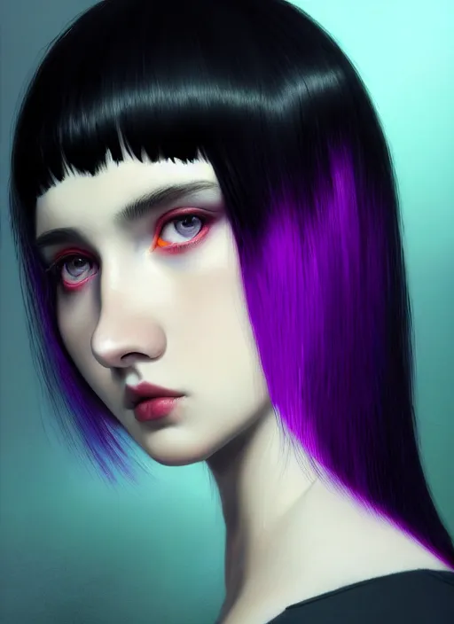 Image similar to portrait of teenage girl with white bangs, red irises, black hair, purple clothes, white bangs, bangs are different color from hair, intricate, front of hair is white rest is black, elegant, glowing lights, highly detailed, digital painting, artstation, concept art, smooth, sharp focus, illustration, art by wlop, mars ravelo and greg rutkowski