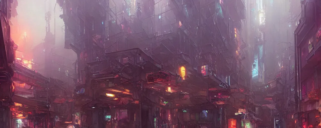 Prompt: Futuristic cyberpunk alley. Dystopian. Cinematic lighting. Art by moebius and Thomas Kinkade and Greg Rutkowski.