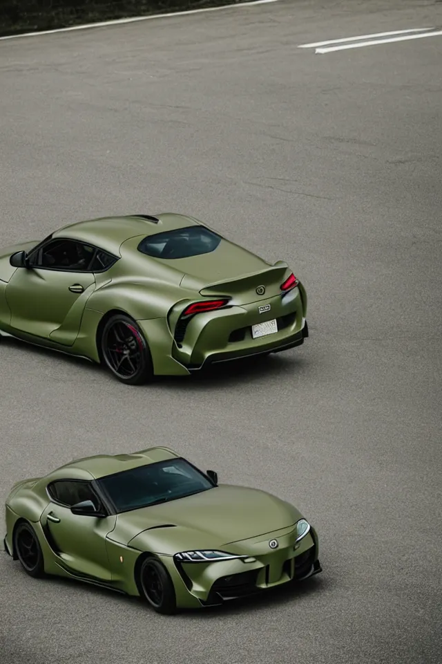 Image similar to Matte olive green Toyota Supra mk5 on highway, hyper realistic, car photography, 8k,
