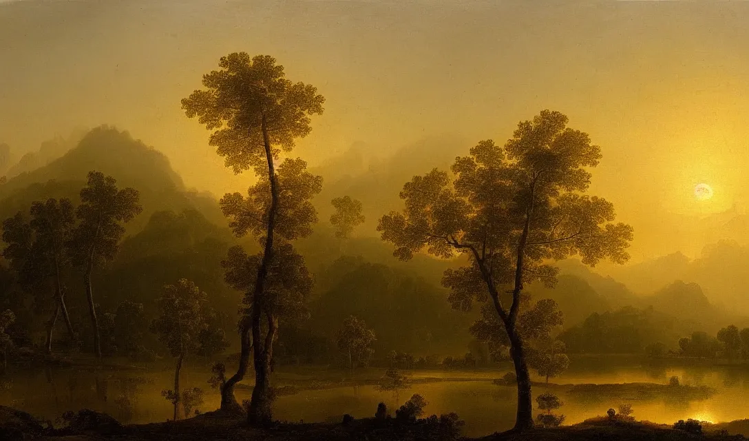 Prompt: a diamond tree forest at sunset, there is golden castle off in the distance, highly detailed landscape painting by claude lorrain, golden hour, misty ominous atmosphere