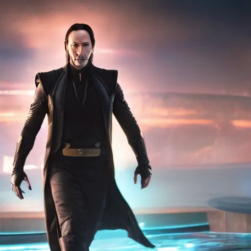 Prompt: film still of Keanu Reeves as Loki in Avengers Endgame