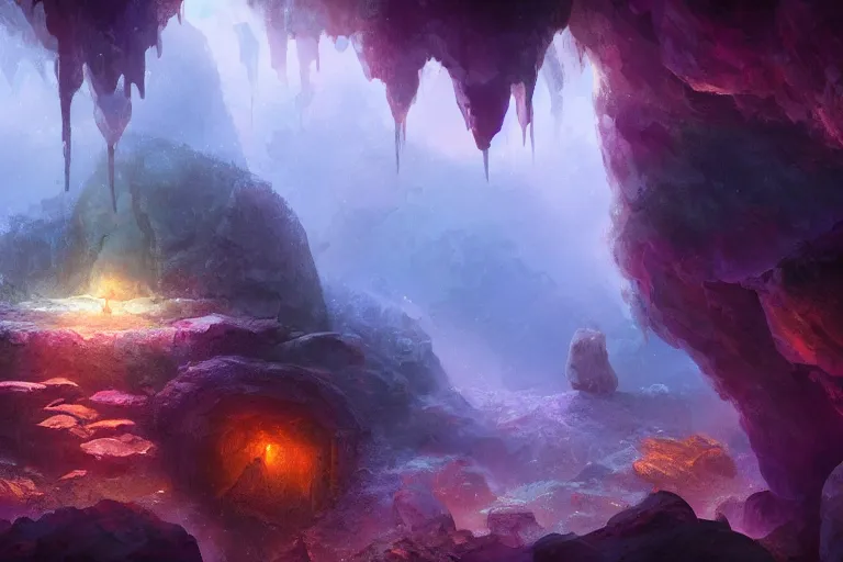 Image similar to a magical cave full of crystals, concept art, artstation, fantasy, mist, volumetric lighting