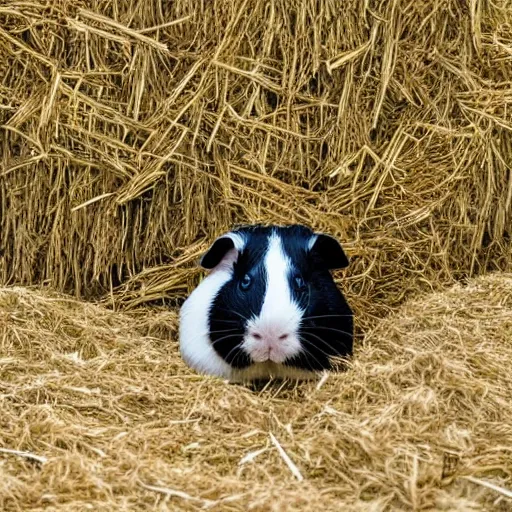 Image similar to a guinea pig with white wings flying above a field of hay,
