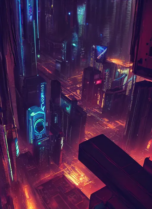 Image similar to cyberpunk scifi scene of a city at night, helicopter view, craft flying, artstation, matt painting, very detailed, maximalism, ambient occlusion, volumetric light, atmospheric haze, unreal engine, hyper realism, realistic shading, cinematic composition, realistic render, octane render, detailed textures, photorealistic, wide shot