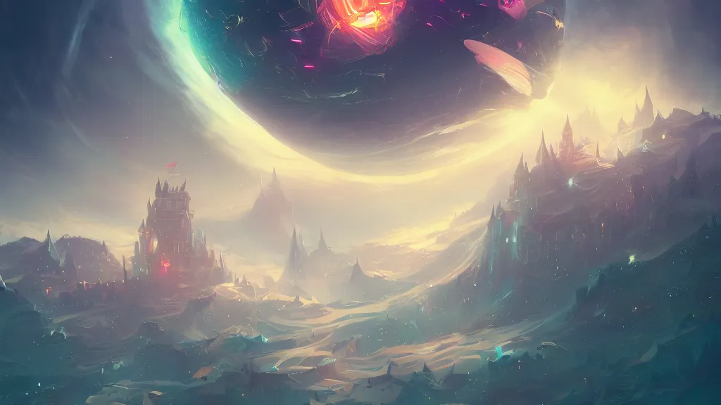 Prompt: a mysterious castle floating in space, surrounded by glowing energy rings, starry black space, by sylvain sarrailh, rossdraws, ultra detailed, fantasy artwork, 8 k, volumetric lighting, trending on artstation, award winning, beautiful scenery, very beautiful.